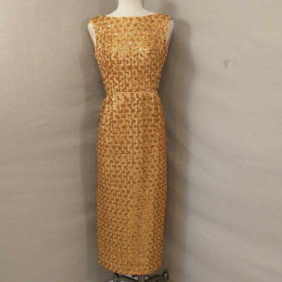 50s Vintage Gold Sequin Dress Party Gown Classic Fifties Slim Cut